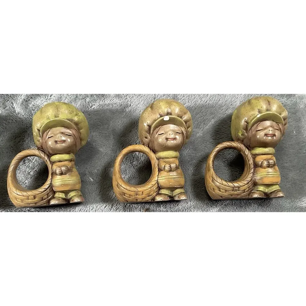 Vintage Ceramic Boy(6) & Girl(4) Napkin Rings Set Of 10 Green Brown Farmhouse